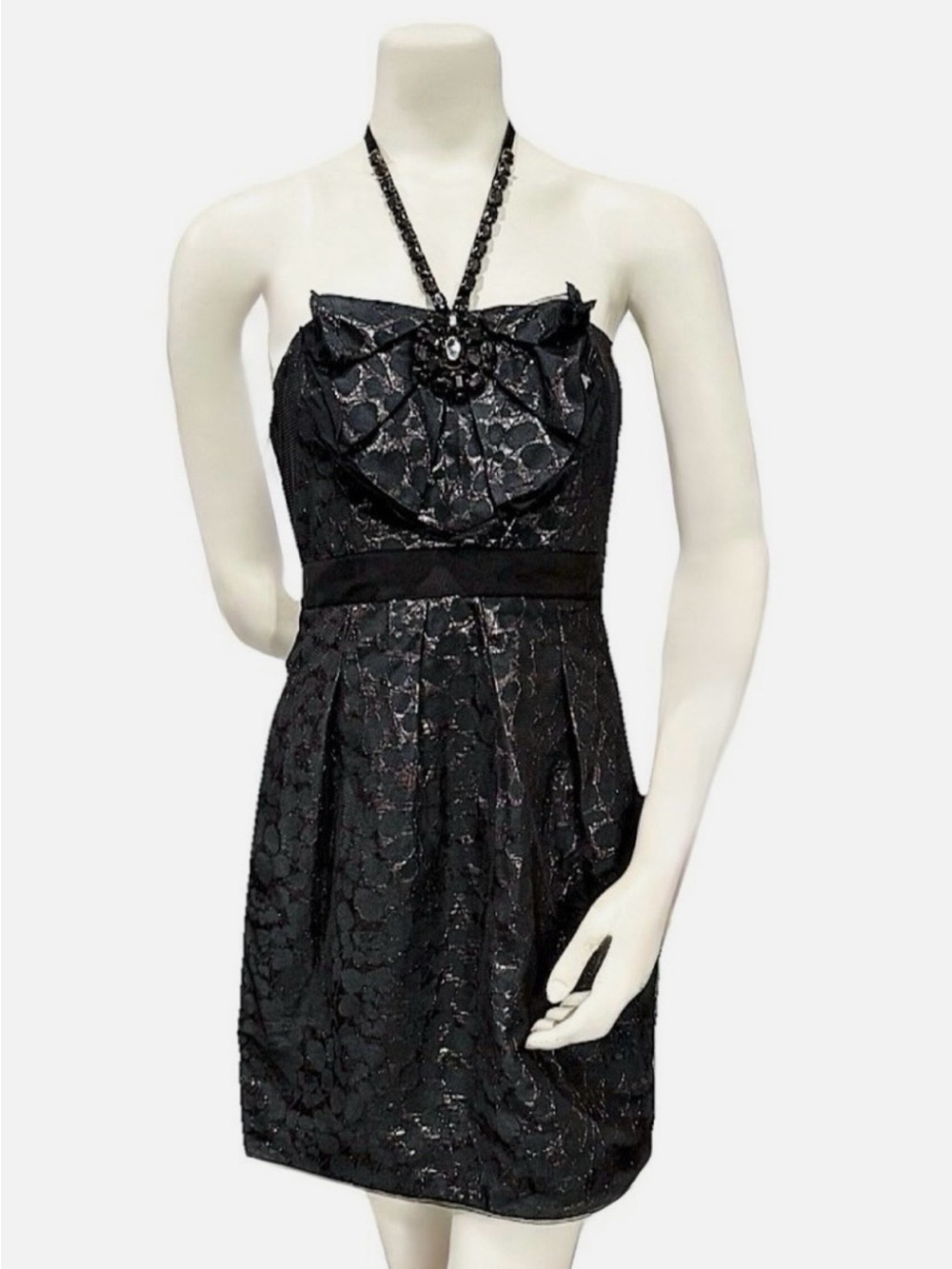 BCBGmaxazria Mini Dress Women’s 4 Black Metallic Jacquard Halter Cocktail Party - Picture 2 of 11